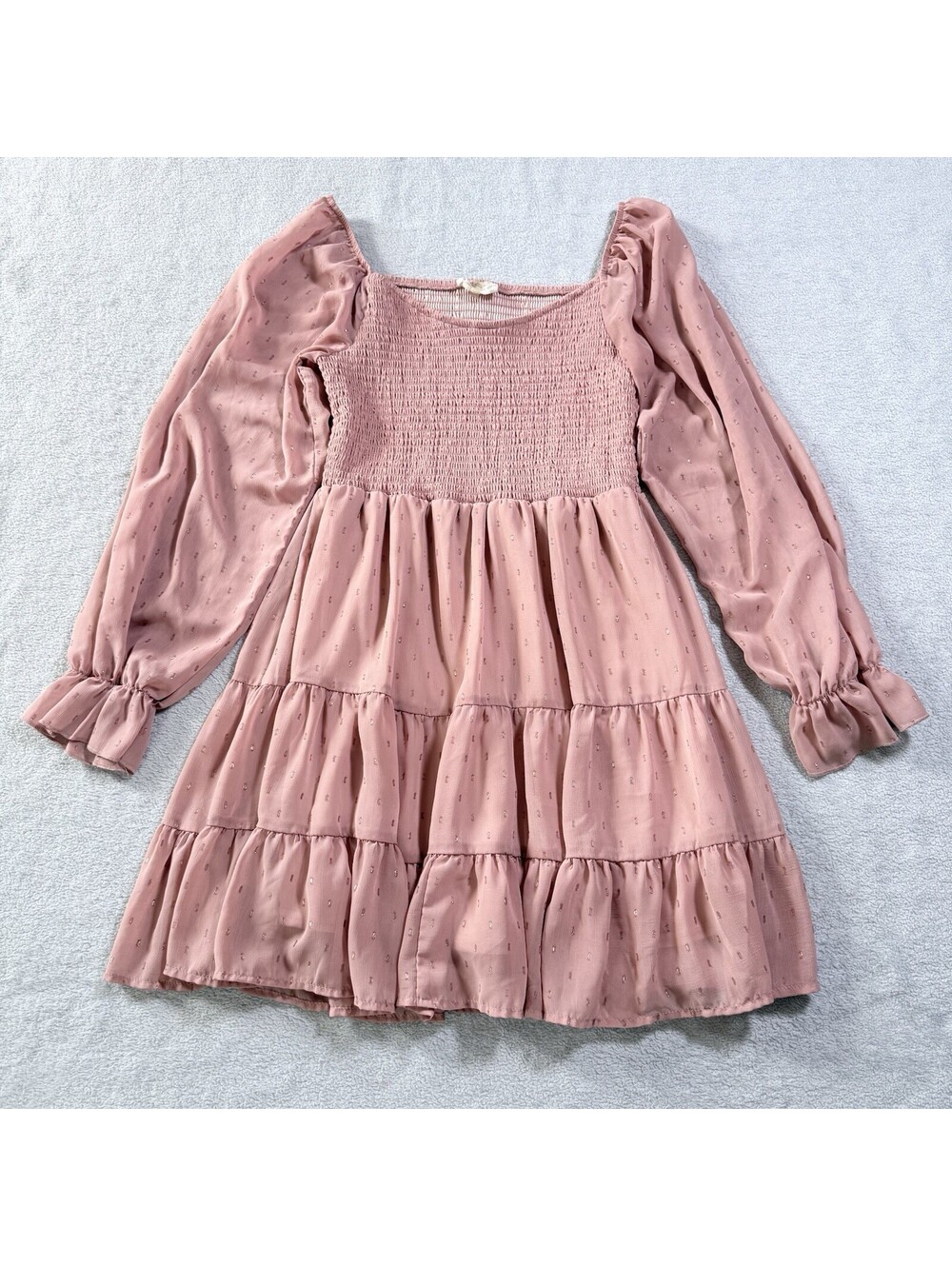 Altar'd State Womens Smocked Tiered Mini Dress Rose Pink Metallic Shimmer Small